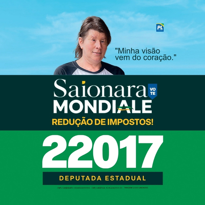 Saionara Mondiale, pré-candidata a Deputada Estadual, número 22017
